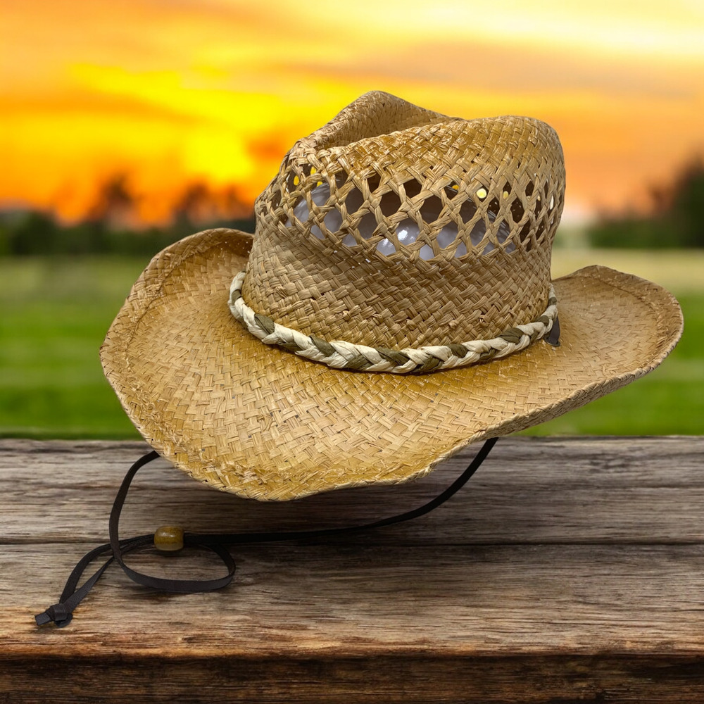 O’Rageous Flexible Western Woven Straw Cowboy Hat Braided Band O/S Chin Strap